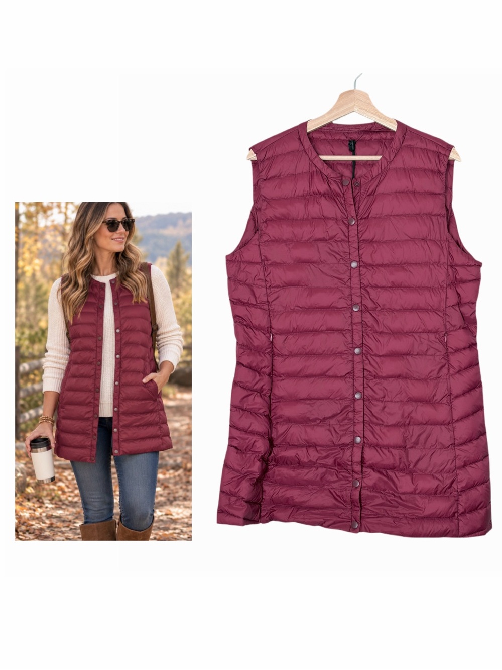 Down Filled Packable Vest Snap Front Long Line Size Large Burgundy Layering Fall